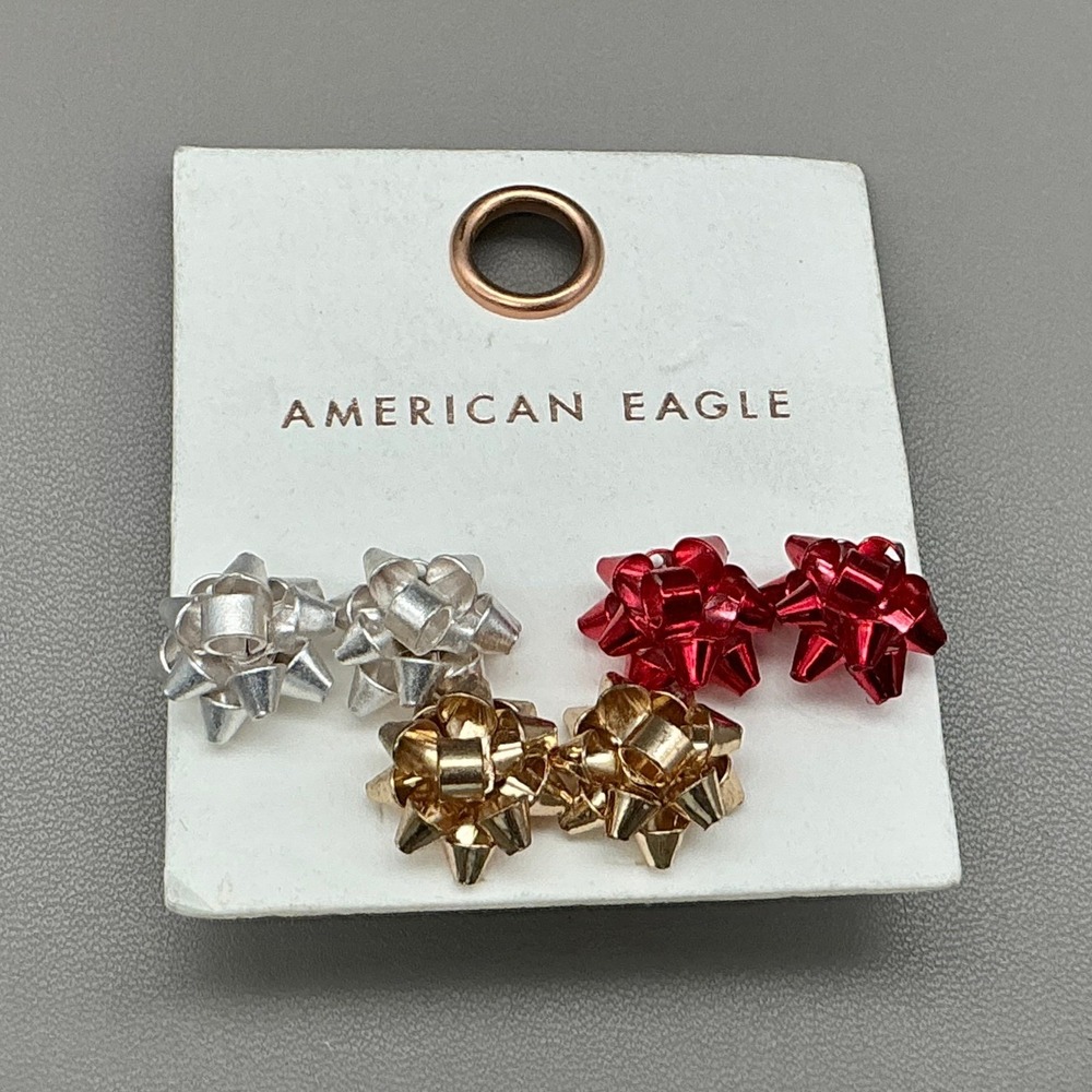 American Eagle Gift Bow Stud Earrings Red Gold Silver 3 Pair‎ Set